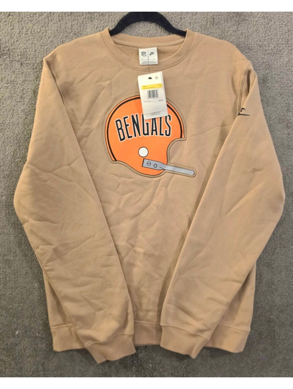 NIKE NFL Bengals Sweater Men Tan Size Sm Crew Vintage Style Helmet Graphic NWT